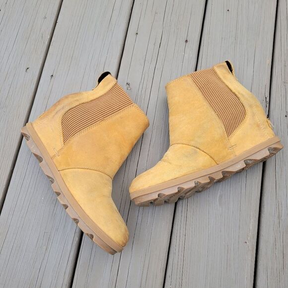 Sorel Joan of Arctic Wedge ll Chestnut Tan Burnished Leather Chelsea Ankle Boots - Picture 4 of 9